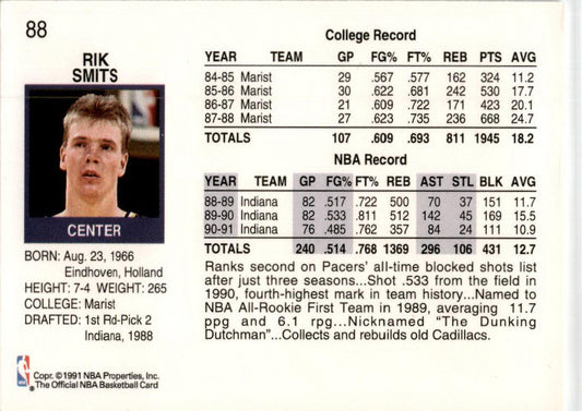 1991 Hoops #88 Rik Smits  Indiana Pacers.