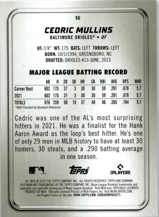 2022 Bowman Platinum #96 Cedric Mullins Baltimore Orioles