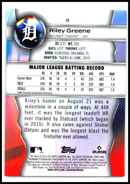 2023 Bowman Platinum #26 Riley Greene Rookie Detroit Tigers