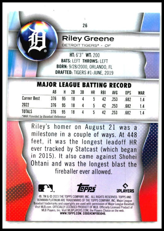 2023 Bowman Platinum #26 Riley Greene Rookie Detroit Tigers