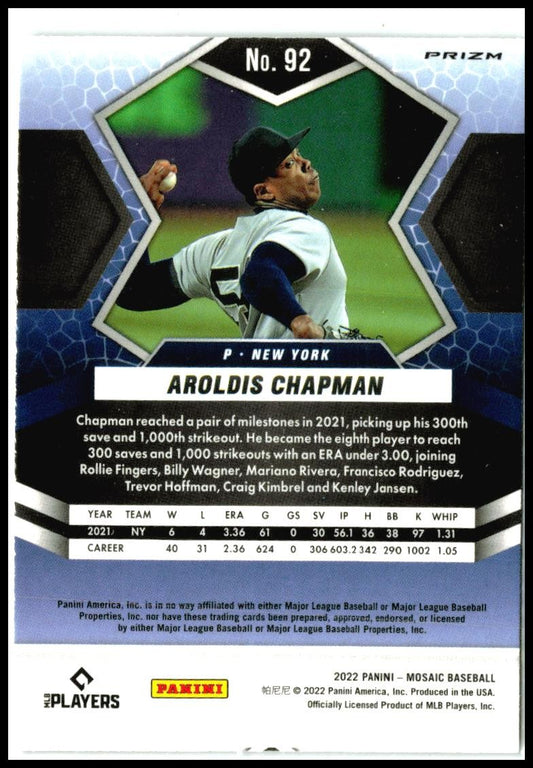 2022 Panini Mosaic Silver Prizm #92 Aroldis Chapman New York Yankees
