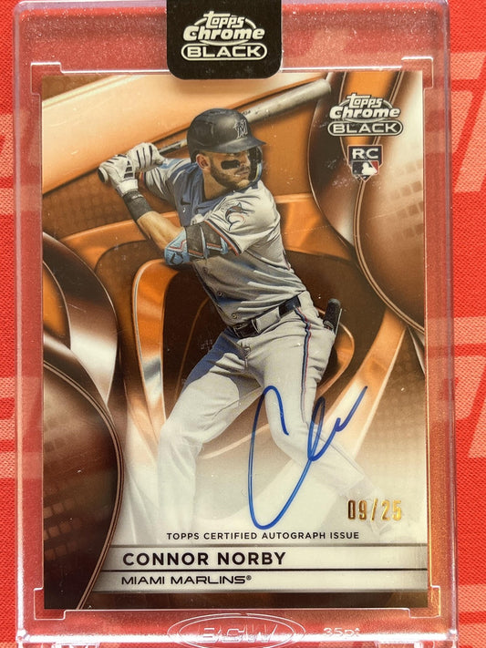 2025 Topps Chrome Black Orange Auto /25 #29 Connor Norby Rookie Miami Marlins