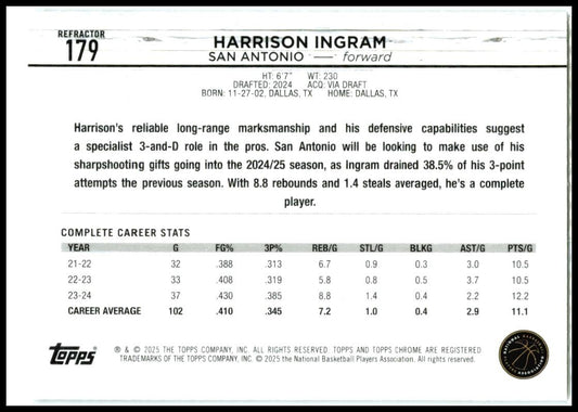 2024-25 Topps Chrome Refractor #179 Harrison Ingram Rookie San Antonio Spurs