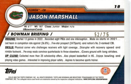 2023 Bowman University Chrome Yellow Refractor #18 Jason Marshall /75 Gators