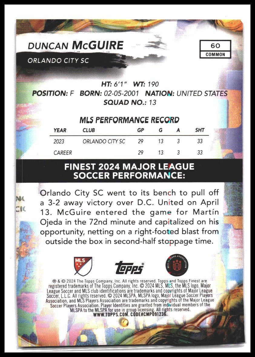 2024 Finest MLS #60 Duncan McGuire Gold Refractor #/75