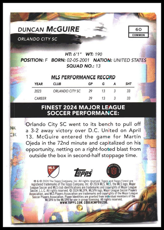 2024 Finest MLS #60 Duncan McGuire Gold Refractor #/75