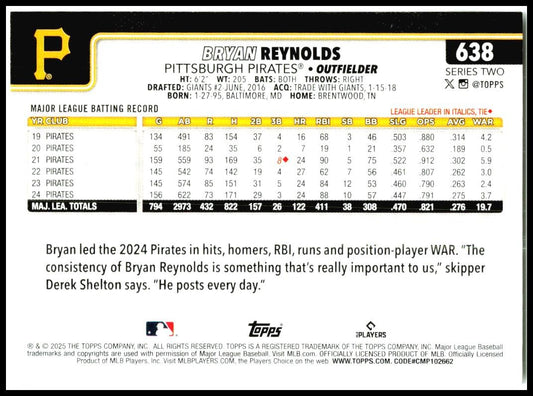 2025 Topps #638 Bryan Reynolds Pittsburgh Pirates