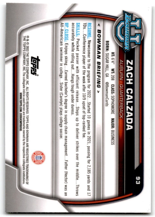 2022 bowman chrome university Zach Calzada Auburn Tigers #93