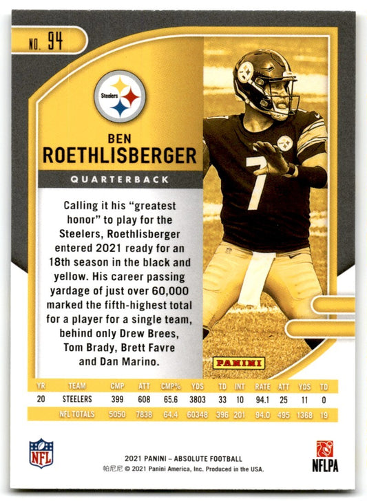 2021 Panini Absolute Ben Roethlisberger Pittsburgh Steelers #94