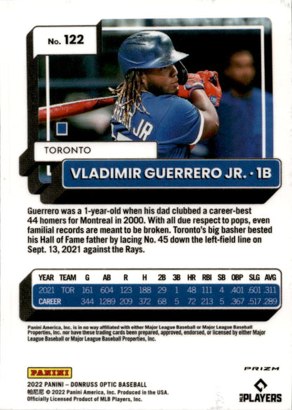 2022 Donruss Optic Lime Green Prizm #122 Vladimir Guerrero Jr. Toronto Blue Jays