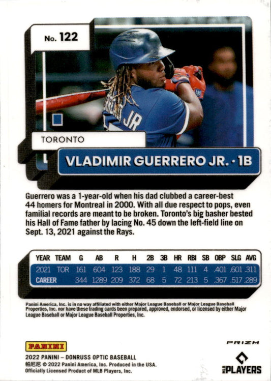 2022 Donruss Optic Lime Green Prizm #122 Vladimir Guerrero Jr. Toronto Blue Jays