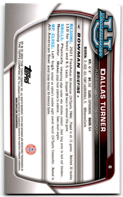 2022 Bowman University Chrome Dallas Turner South Alabama Jaguars #6