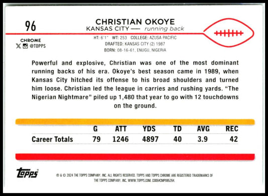 2024 Topps Chrome Prism Refractor #96 Christian Okoye Kansas City Chiefs