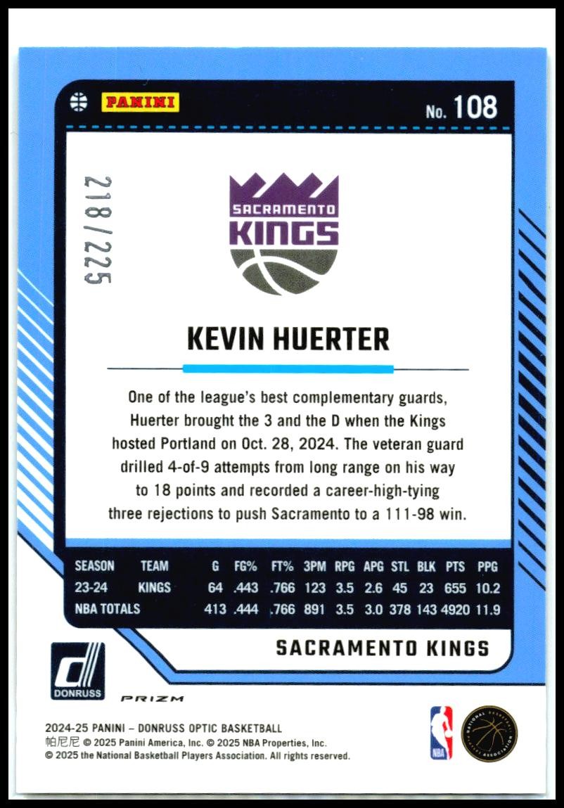 2024-25 Donruss Optic Aqua #108 Kevin Huerter #/225 Sacramento Kings