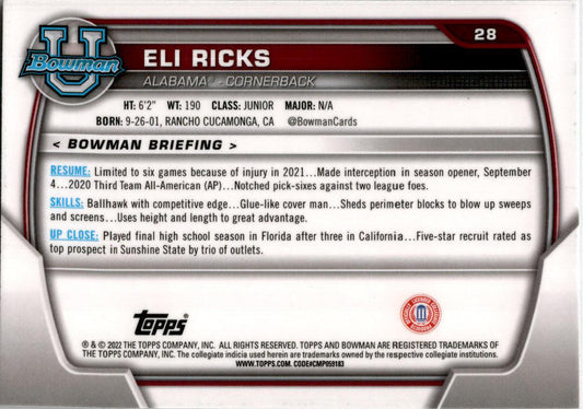 2022 Bowman University Chrome Pink #28 Eli Ricks Alabama Crimson Tide