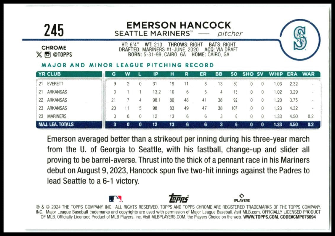 2024 Topps Chrome #245 Emerson Hancock Rookie Seattle Mariners