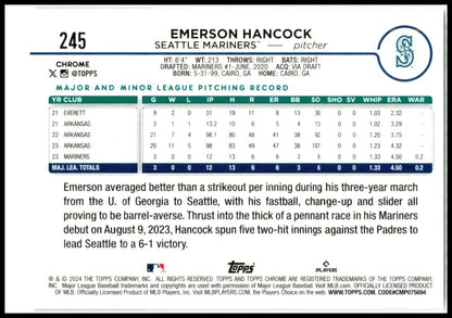 2024 Topps Chrome #245 Emerson Hancock Rookie Seattle Mariners