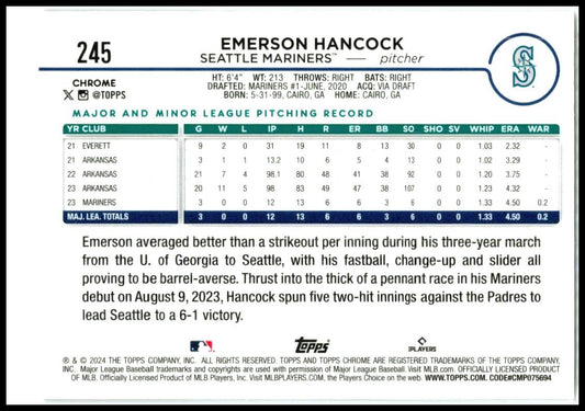 2024 Topps Chrome #245 Emerson Hancock Rookie Seattle Mariners