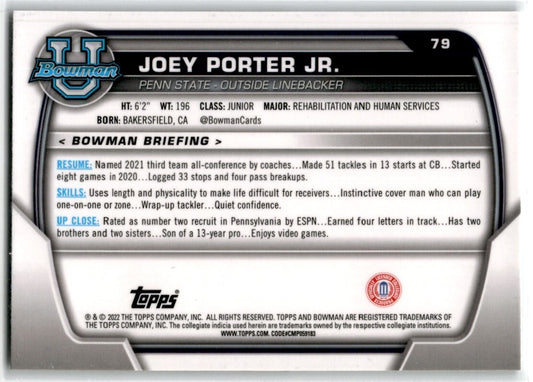 2022 Bowman University Chrome Joey Porter Jr. Penn State Nittany Lions #79
