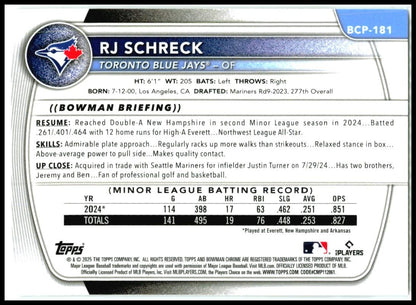 2025 Bowman Chrome Shimmer #BCP-181 RJ Schreck Blue Jays