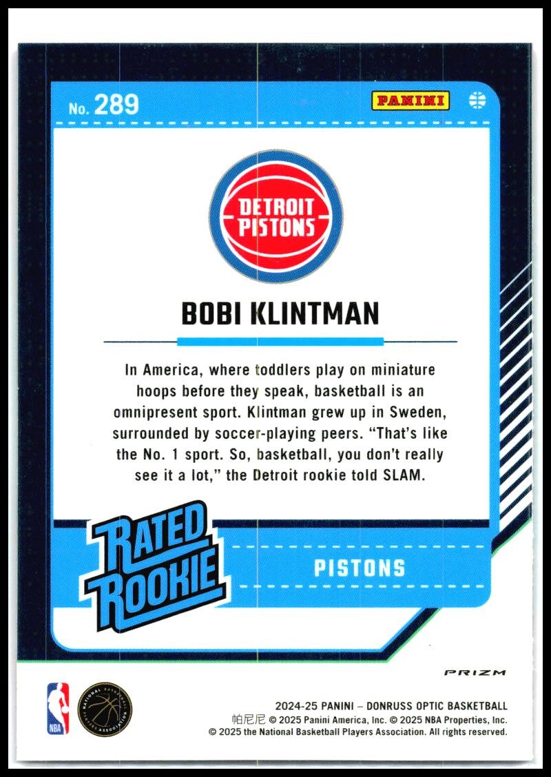 2024-25 Donruss Optic Hyper Pink #289 Bobi Klintman Rookie Detroit Pistons