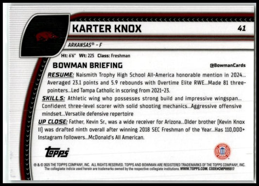 2024-25 Bowman University Chrome Green Shimmer #41 Karter Knox Razorbacks