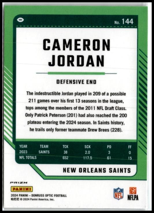 2024 Donruss Optic Stars #144 Cameron Jordan New Orleans Saints