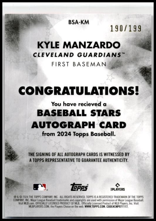2024 Topps Update Stars Autographs Black #BSA-KM Kyle Manzardo Auto Guardians