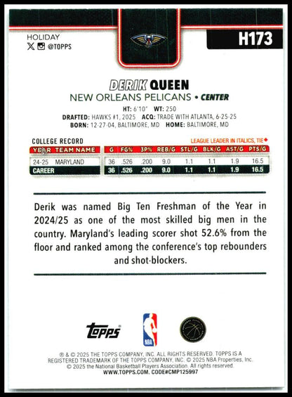 2025-26 Topps Holiday Glitter Holiday #H173 Derik Queen Rookie Pelicans
