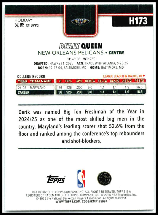 2025-26 Topps Holiday Glitter Holiday #H173 Derik Queen Rookie Pelicans
