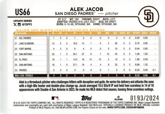 2024 Topps Update Gold /2024 #US66 Alex Jacob Padres