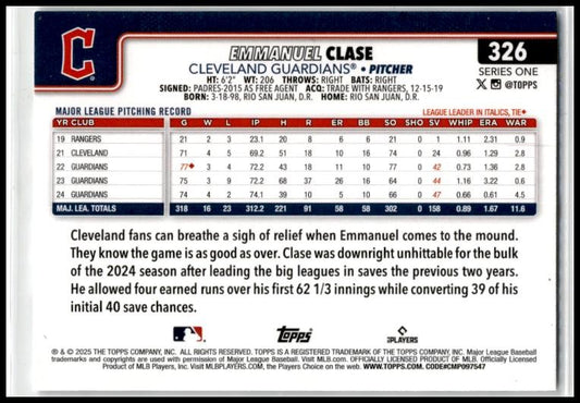 2025 Topps Spring Training #326 Emmanuel Clase Cleveland Guardians