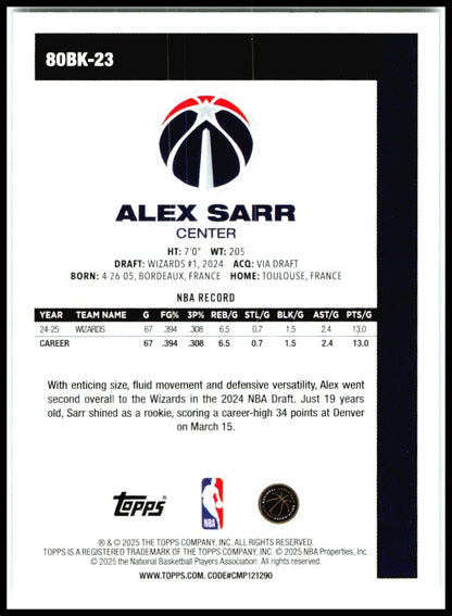 2025-26 Topps 1980-81 Topps Basketball #80BK-23 Alex Sarr Washington Wizards