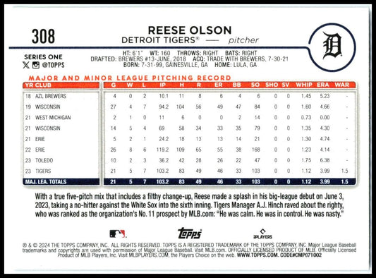 2024 Topps Royal Blue #308 Reese Olson Detroit Tigers