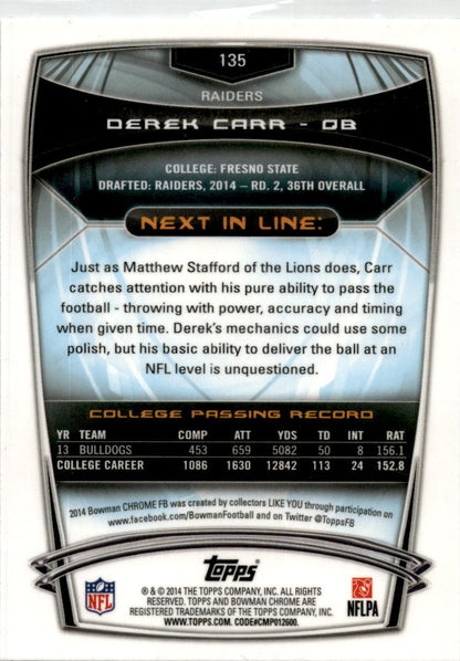 2014 Bowman Chrome #135 Derek Carr  Rookie Oakland Raiders.