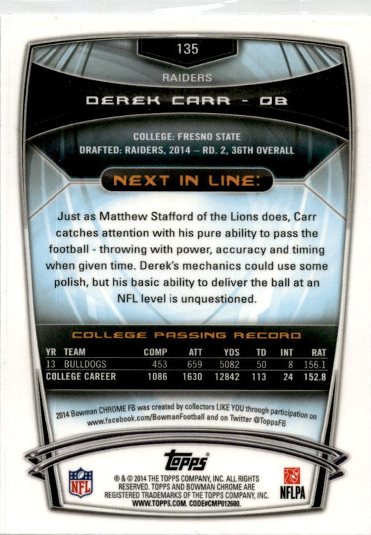 2014 Bowman Chrome #135 Derek Carr  Rookie Oakland Raiders.