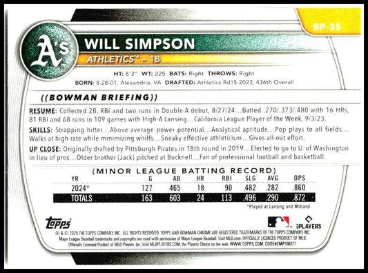 2025 Bowman Prospects #BP-35 Will Simpson Athletics