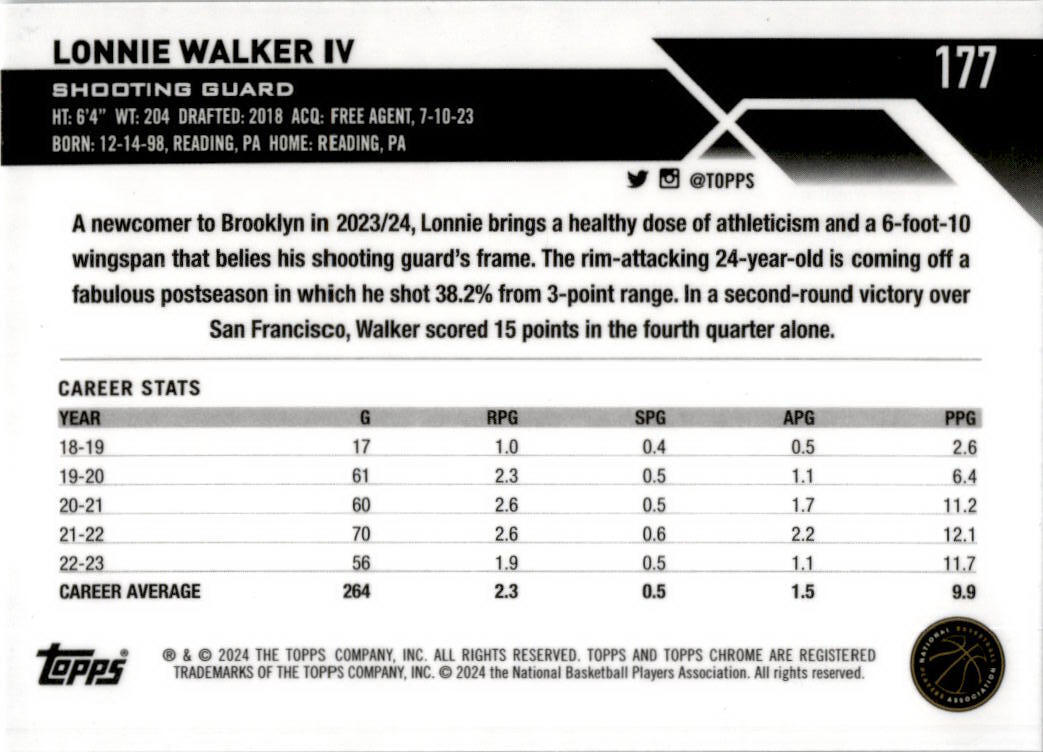 2023-24 Topps Chrome #177 Lonnie Walker IV Brooklyn Nets