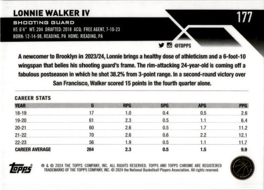 2023-24 Topps Chrome #177 Lonnie Walker IV Brooklyn Nets