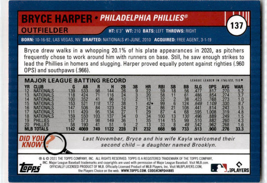 2021 Topps Big League Orange #137  Bryce Harper Phillies
