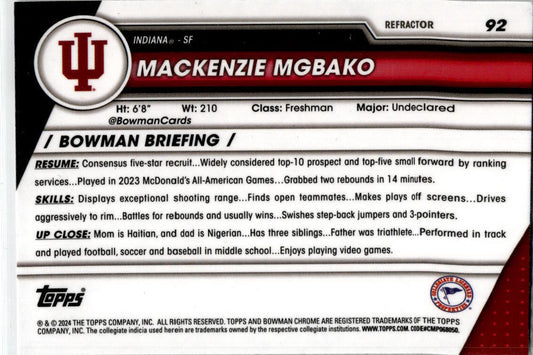 2023-24 Bowman University Chrome #92 Mackenzie Mgbako Indiana Hoosiers