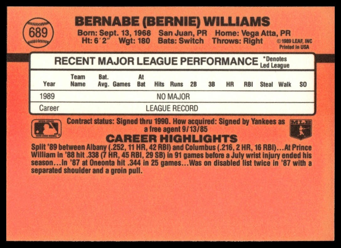 Bernie Williams - 1990 Donruss RC #689 - New York Yankees