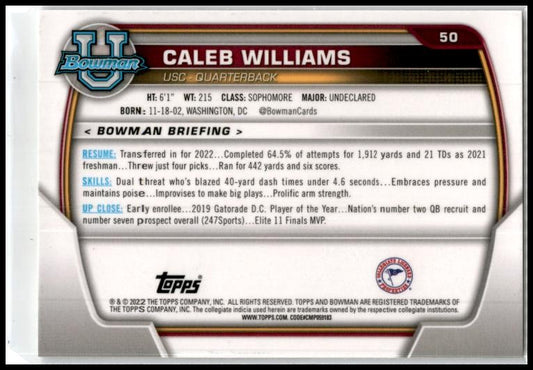 2022 Bowman University Chrome #50 Caleb Williams USC Trojans