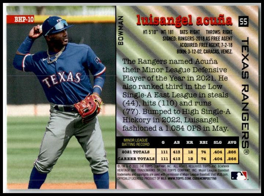 2022 Bowman Heritage Prospects Chrome Prospects #BHP-10 Luisangel Acuña Rangers