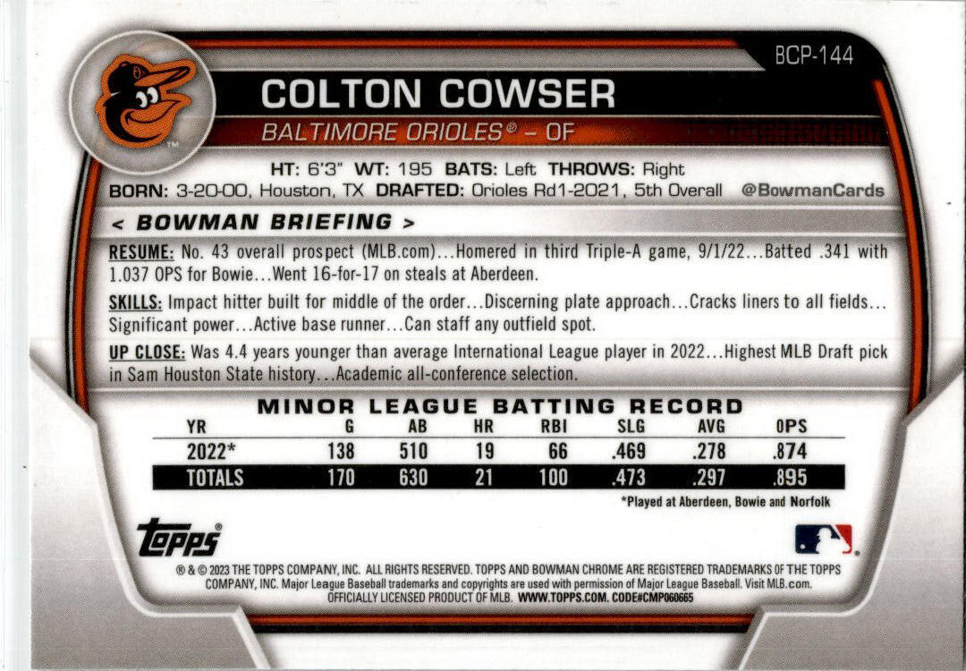 2023 Bowman Chrome #BCP-144 Colton Baltimore Orioles