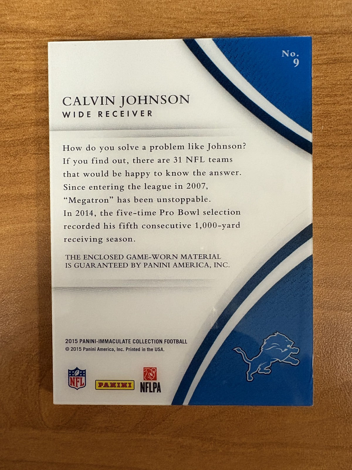 2015 Panini Immaculate Collection Numbers Memorabilia #9 Calvin Johnson Lions