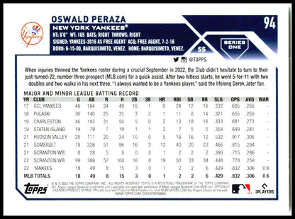 2023 Topps #94 Oswald Peraza New York Yankees