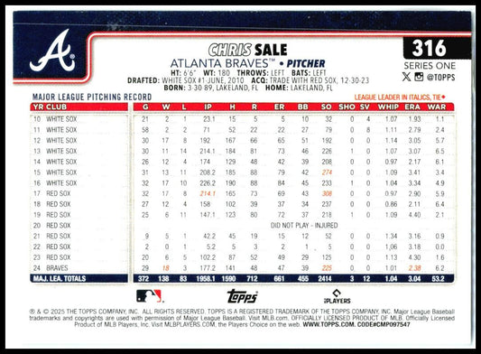 2025 Topps #316 Chris Sale Atlanta Braves