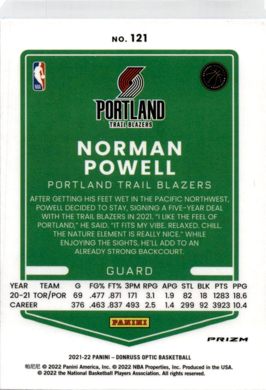 2021 Donruss Optic Blue Velocity Prizm #121 Norman Powell Portland Trail Blazers