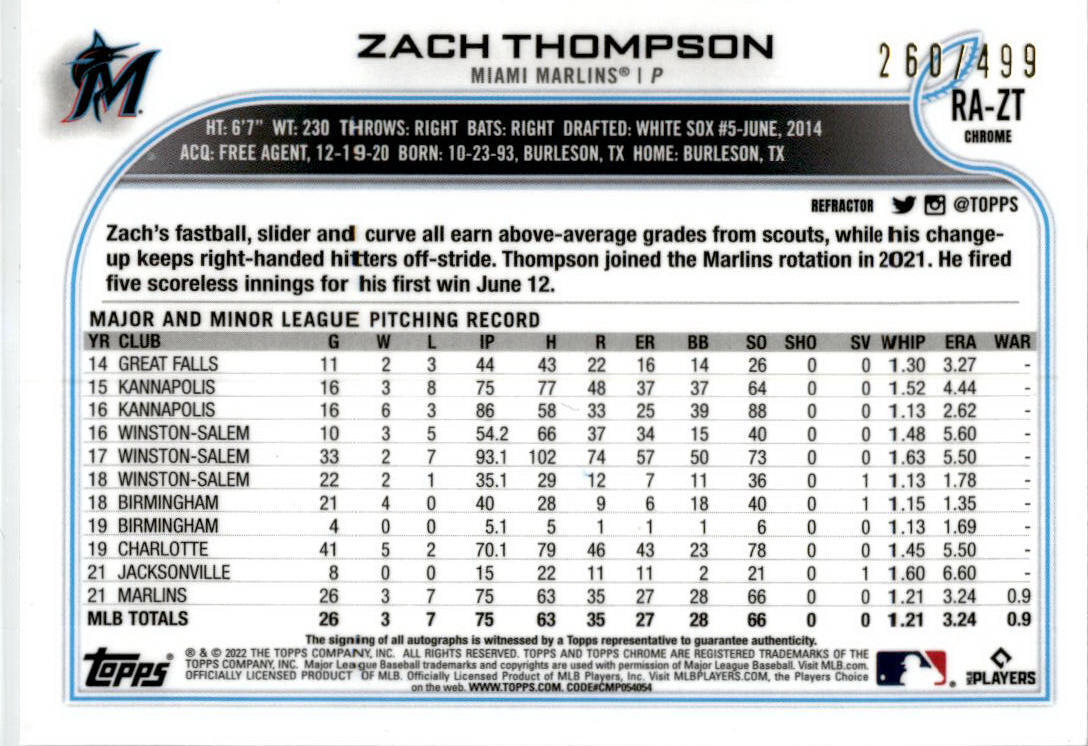 2022 Topps Chrome #RA-ZT Zach Thompson Auto 260/499 Miami Marlins